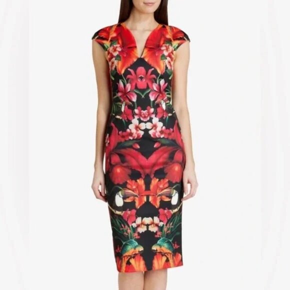 TED BAKER Bismii Toucan Print Multicolor Tropical Black Bodycon Midi Dress - Picture 14 of 14